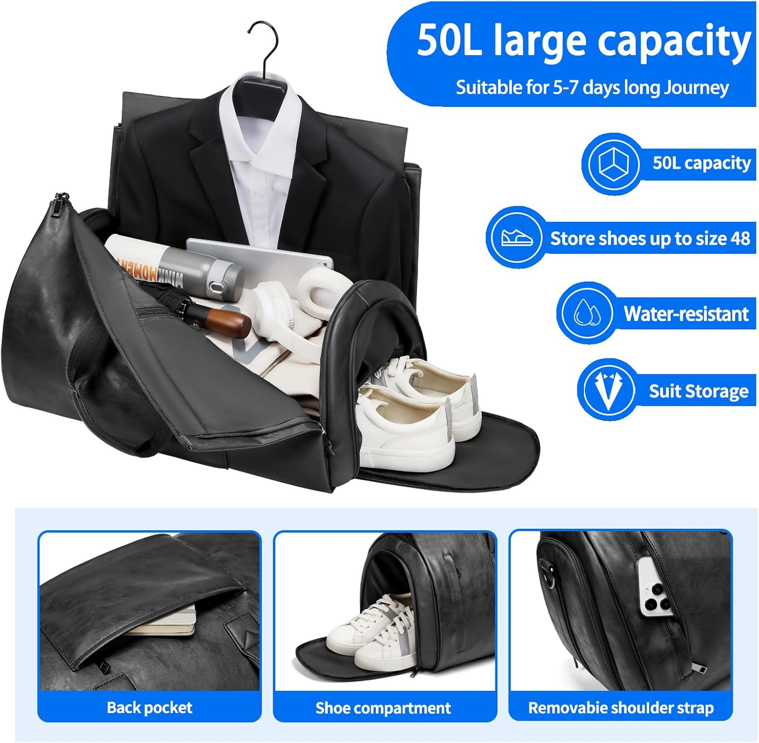 Leather Garment Bag，Convertible Garment Duffel Bag for Travel Mens Suit Bag 2 in 1 Waterproof Foldable Carry on Garment Bag with Shoulder Strap Weekender Bag with Shoe Pouch - Image 2