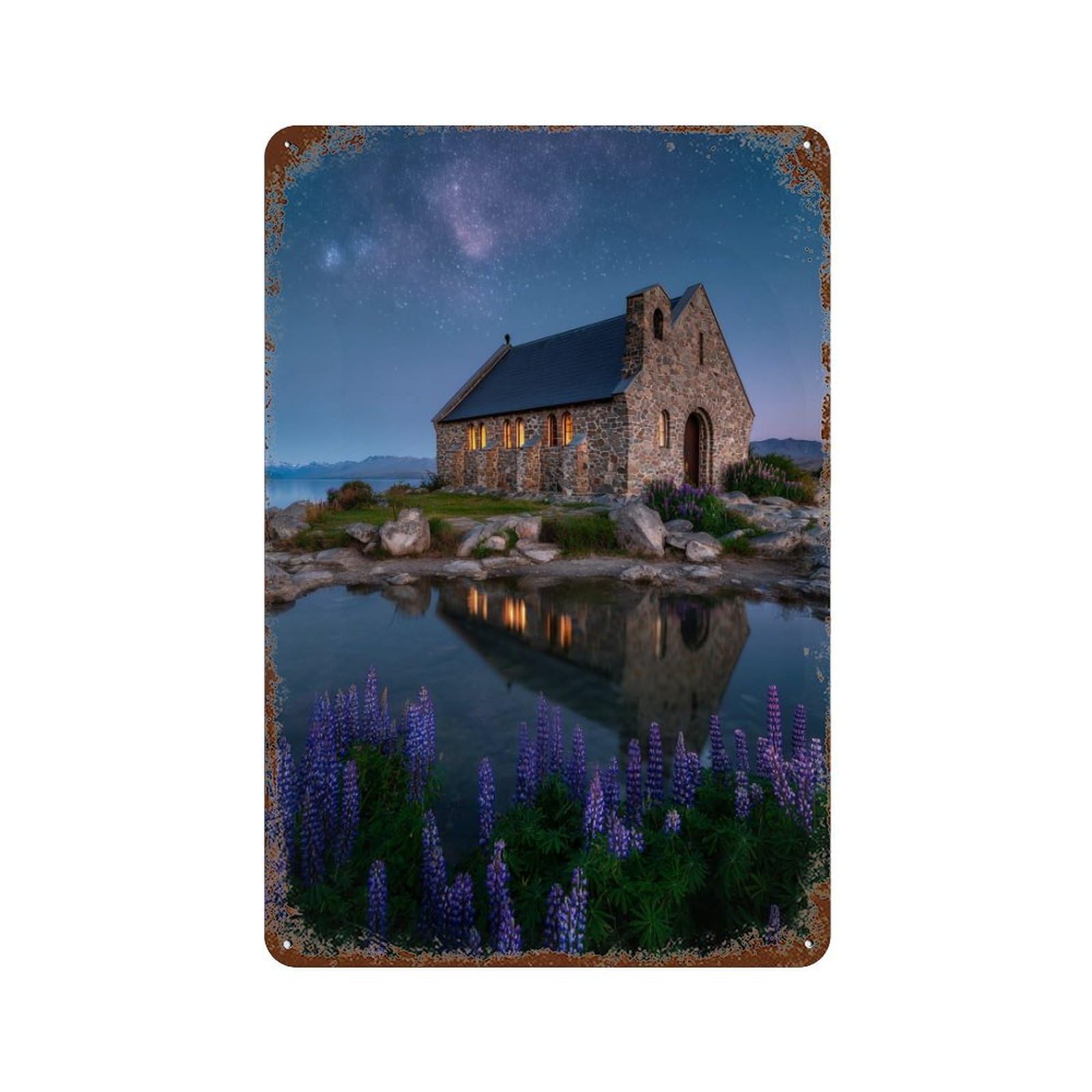 Church by The Lake at Night 11.8"x7.9" Weathered Tin Sign, Shabby Chic Decor for Cafe, Home Bar And Lounge Decor