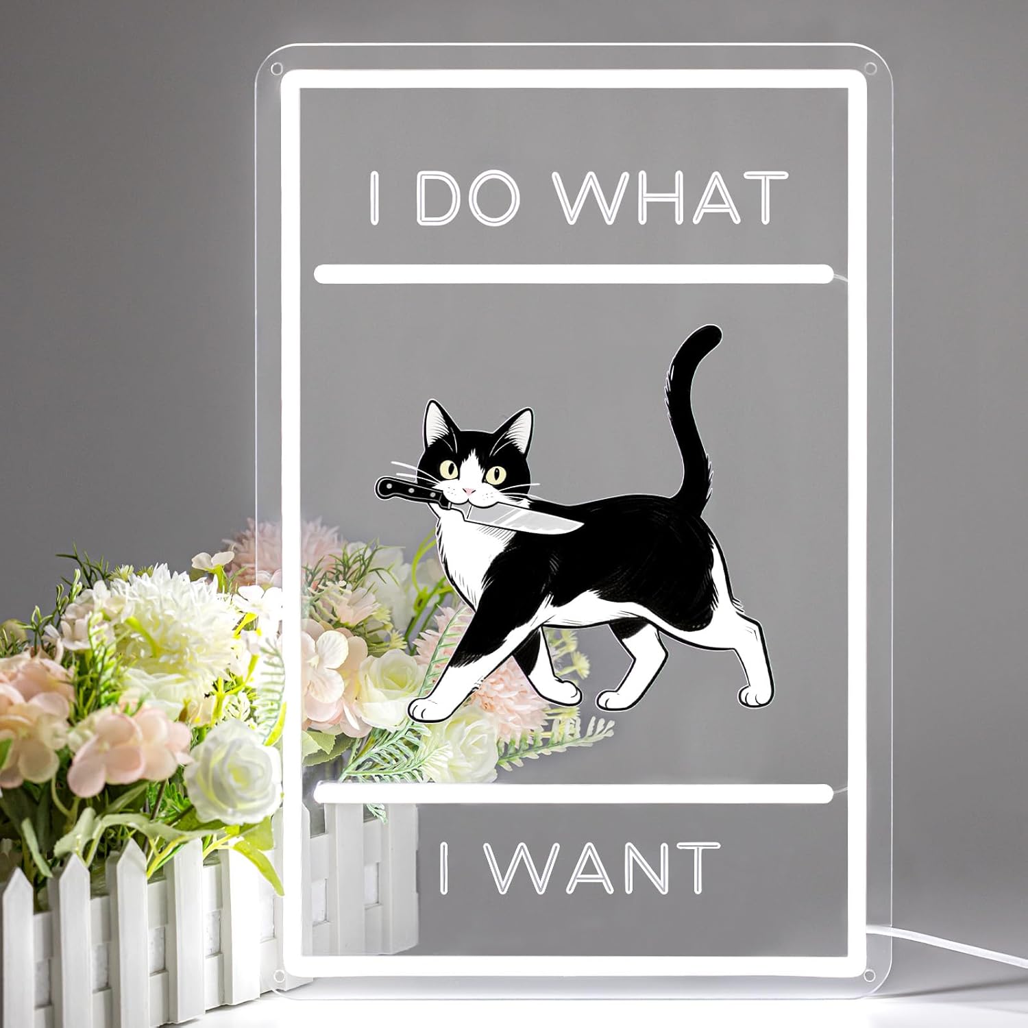 17’’×11'' Tuxedo Cat Neon Sign for Wall Decor, Funny "I Do What I Want" Black And White Cat Neon Light Sign, Funny Bathroom Living-room Bedroom Halloween Wall Art Decor (Tuxedo)