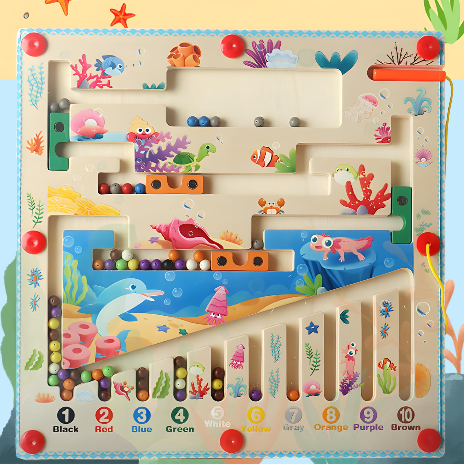 Gioco Magnetico Montessori In Legno – Labirinto Colori E Numeri A Tema Oceano, Per Motricità Fine, 3-6 Anni - 2