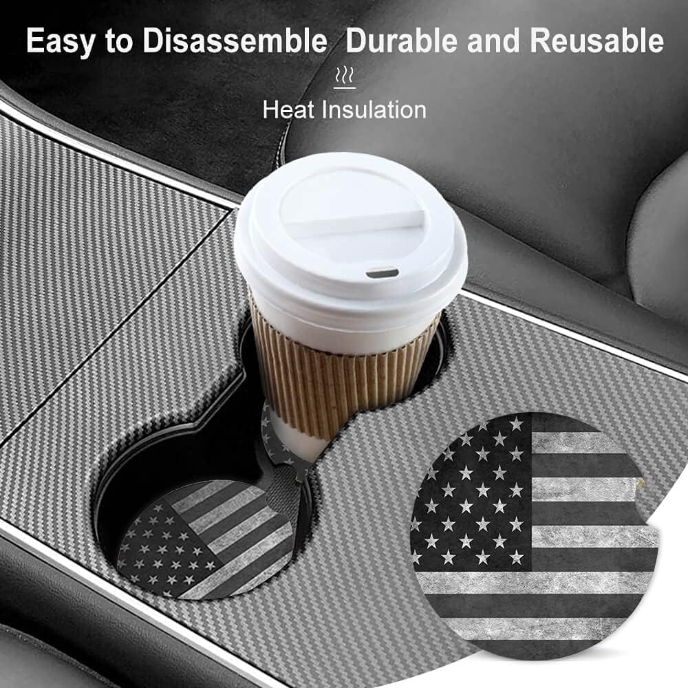Black Grey American Flag Absorbent Cup Holders Car Coasters,Ceramic Stone Drinks Coaster Set for Women Man 2.56"(2 Pack)