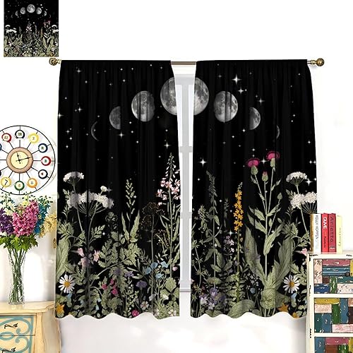 Miniatura 70 de Retro 70s Floral Blackout Window Curtains, Watercolor Flower Plant Rustic Modern Style Pattern Window Drapes, for Bedroom Living Room 42x45in 2