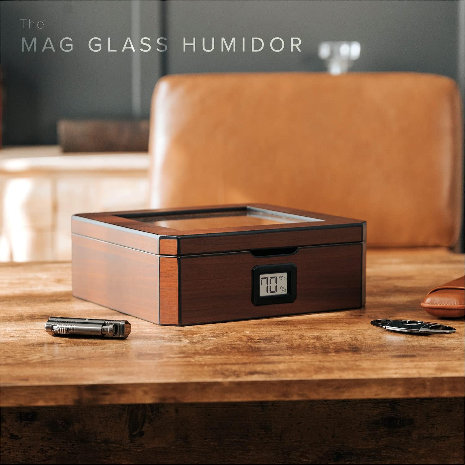 CASE ELEGANCE MAG Cigar Humidor, Walnut Finish, Holds 20-30 Cigars, Glass Top with Magnetic Seal, Octagon Shape, Digital Hygrometer, Spanish Cedar, New Hydro Channel