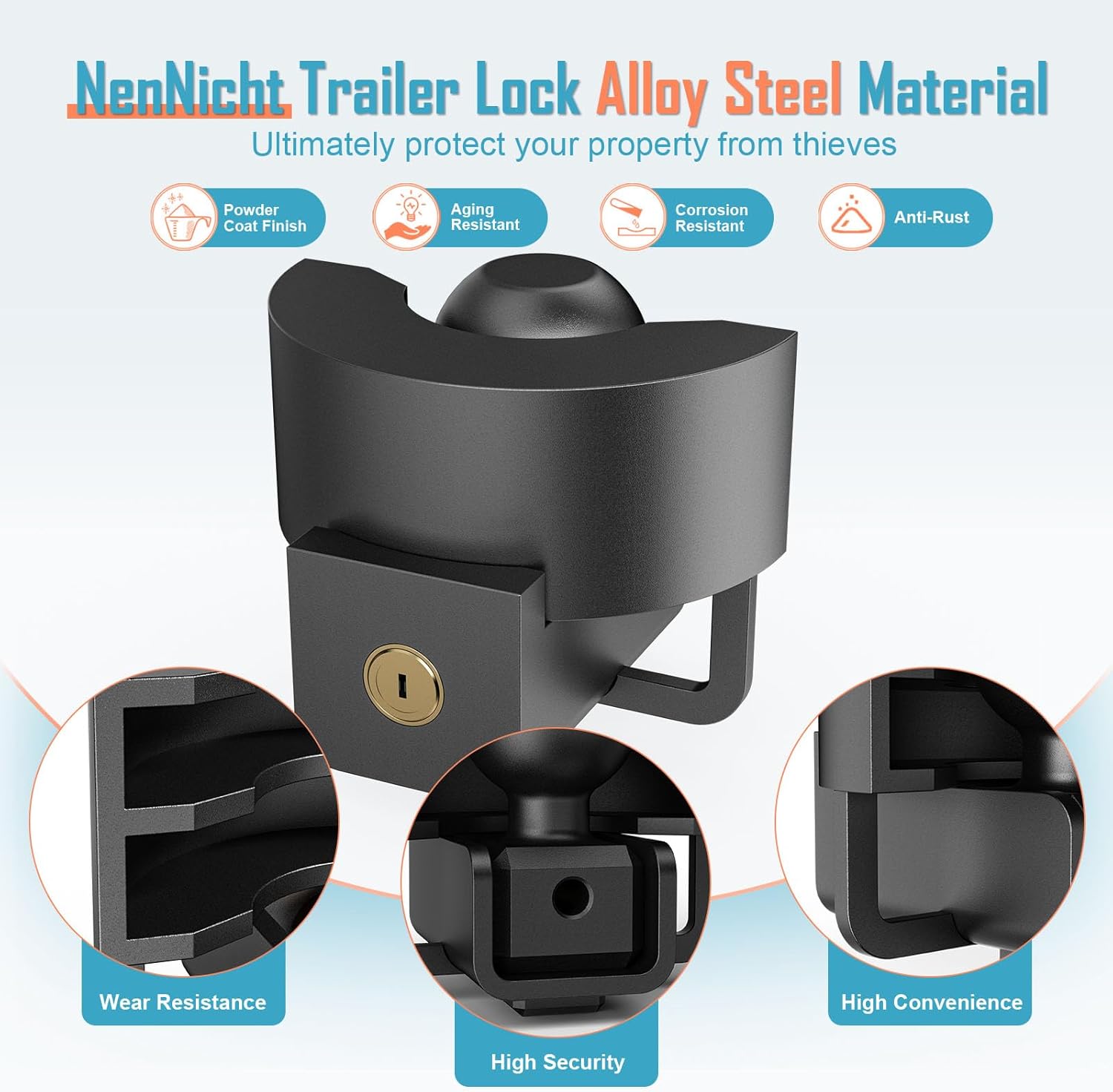 Trailer Lock Fits 2 Inch Ball Couplers, NenNicht 2025 Upgrade Anti Theft Heavy-Duty Steel Trailer Coupler Locks with Secures Safety Chains, Camper Accessories for Travel Trailers Boats Trucks Rvs