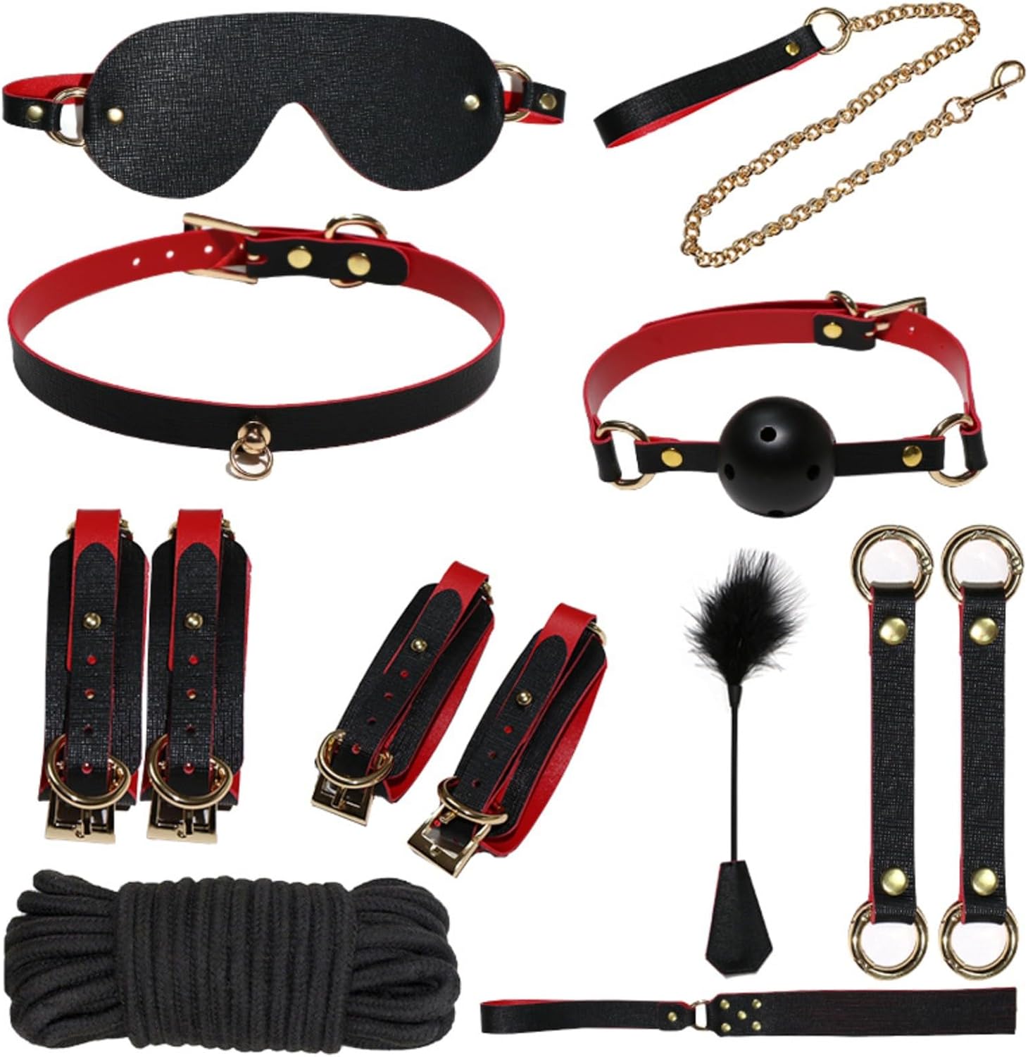 Home Blindfolds-Whips-Collars and Other Exercise Kit Accessories 10-Piece Set B98 (Red)
