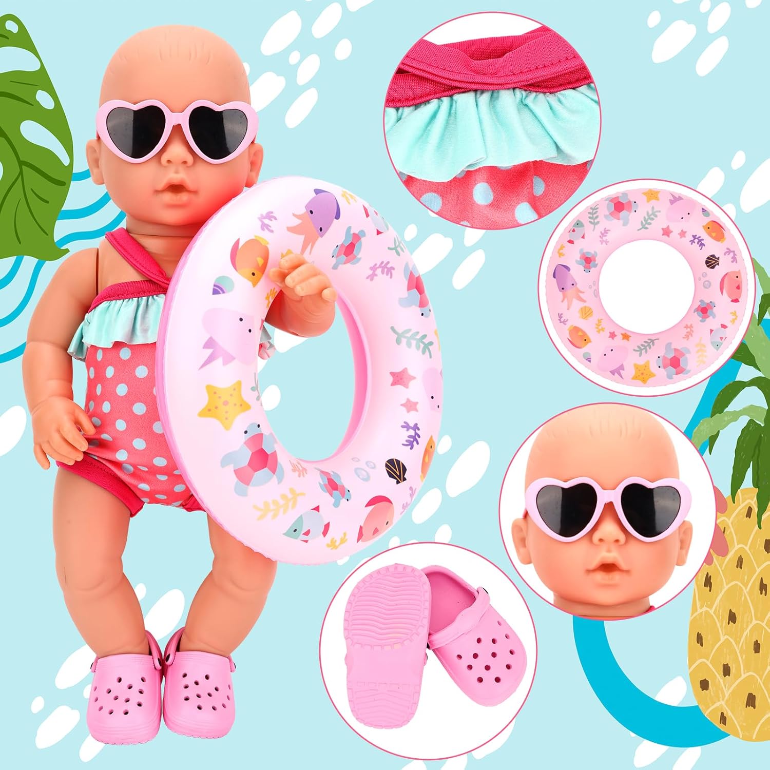 Sweet Baby Doll Clothes for 14-17 Inch Baby Dolls 5 Pieces Cute Summer Accessories Includes 1 Swimsuit, 1 Swimming Ring, 1 Shoes, 1 Glasses, etc for Born Dolls Summer Beach Set