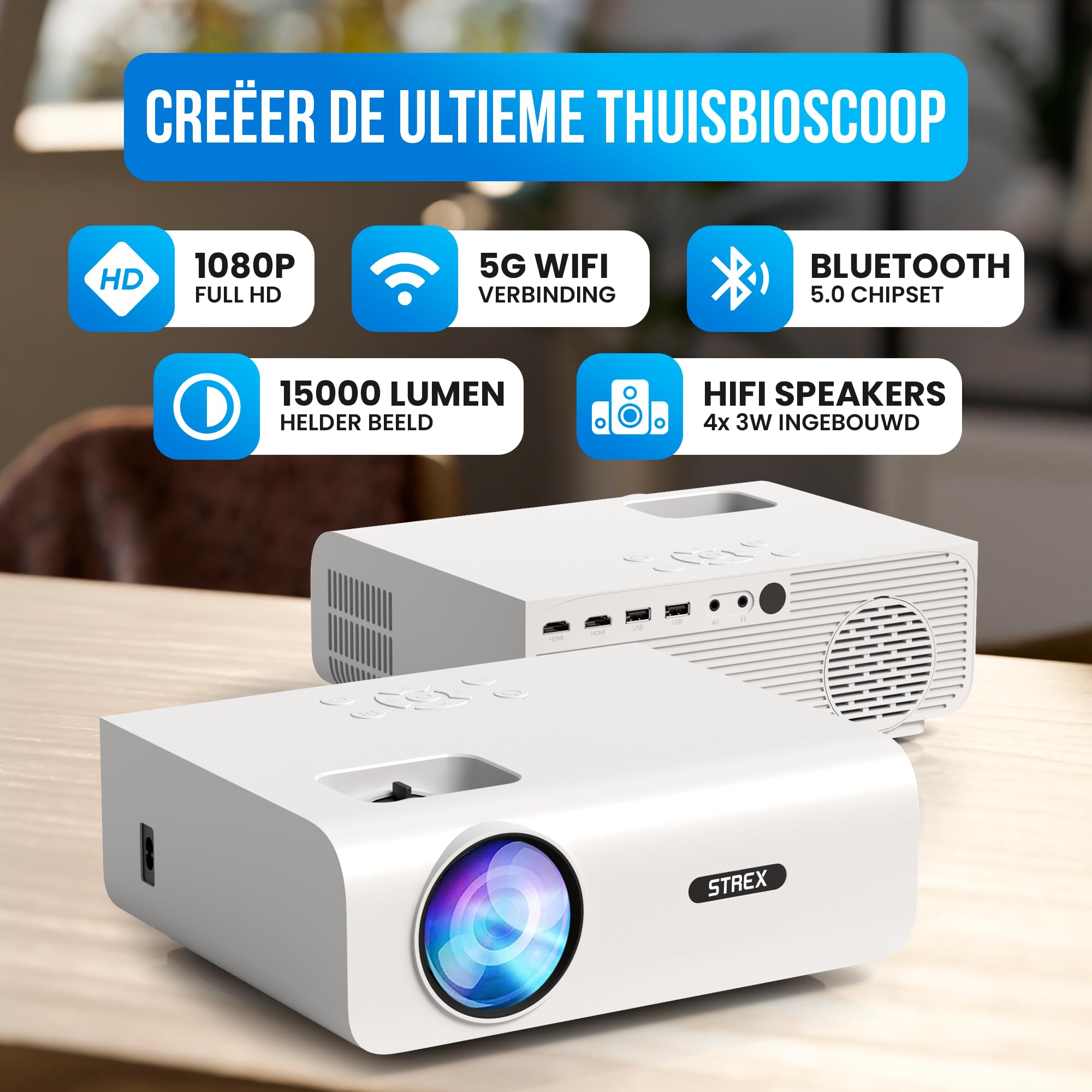 Strex Proiettore - 1080P Full HD - 15000 Lumen - Streaming Wireless - Include Borsa/Schermo di proiezione - WiFi - Bluetooth - Mini proiettore - Proiettore