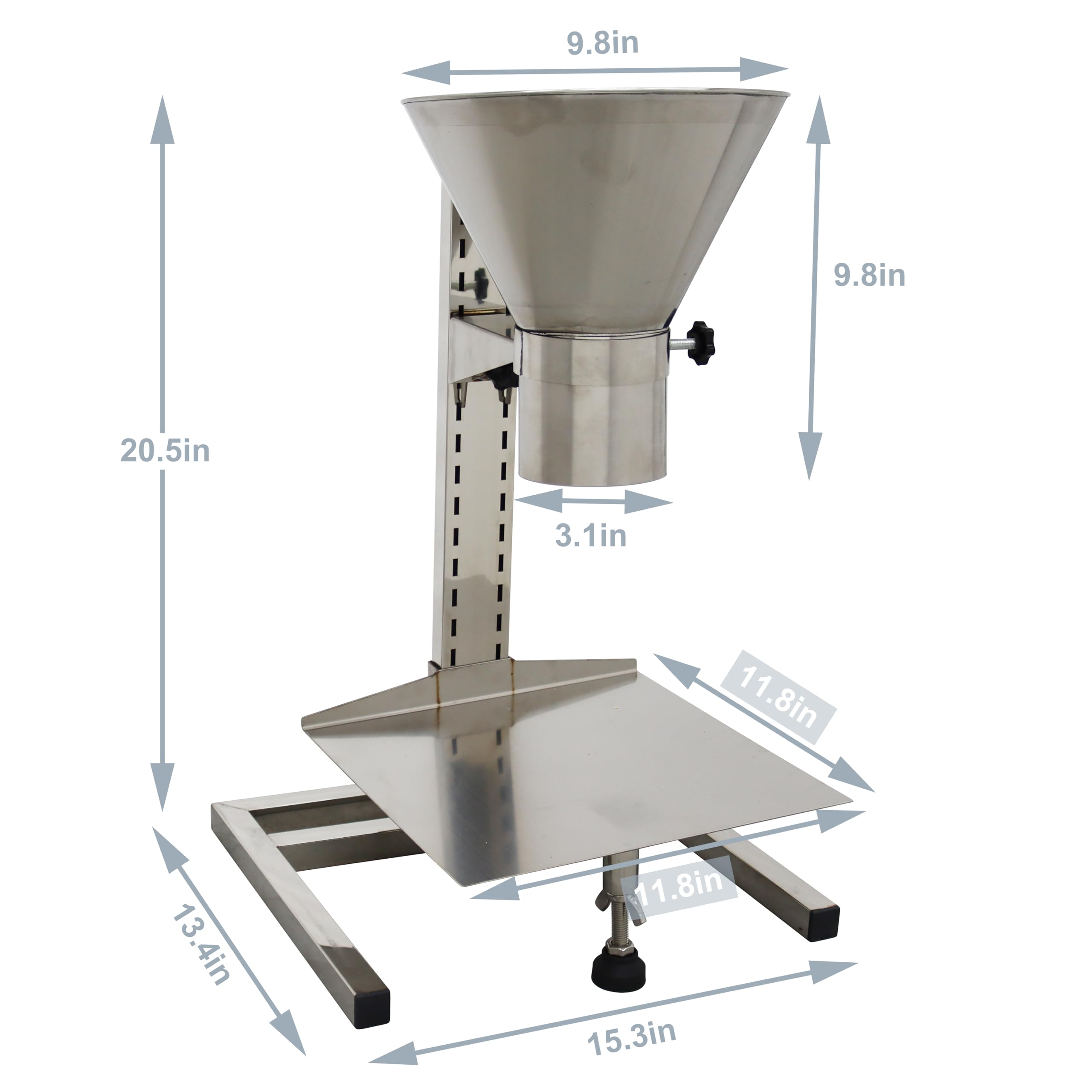 TECHTONGDA Stainless Steel Funnel Food Grade Kitchen Feeding Hopper with Support Stand and Lifting Platform for Powder, Paste, Liquid, Granule Manual Filling Package Bottom Diameter 3.1 Inch