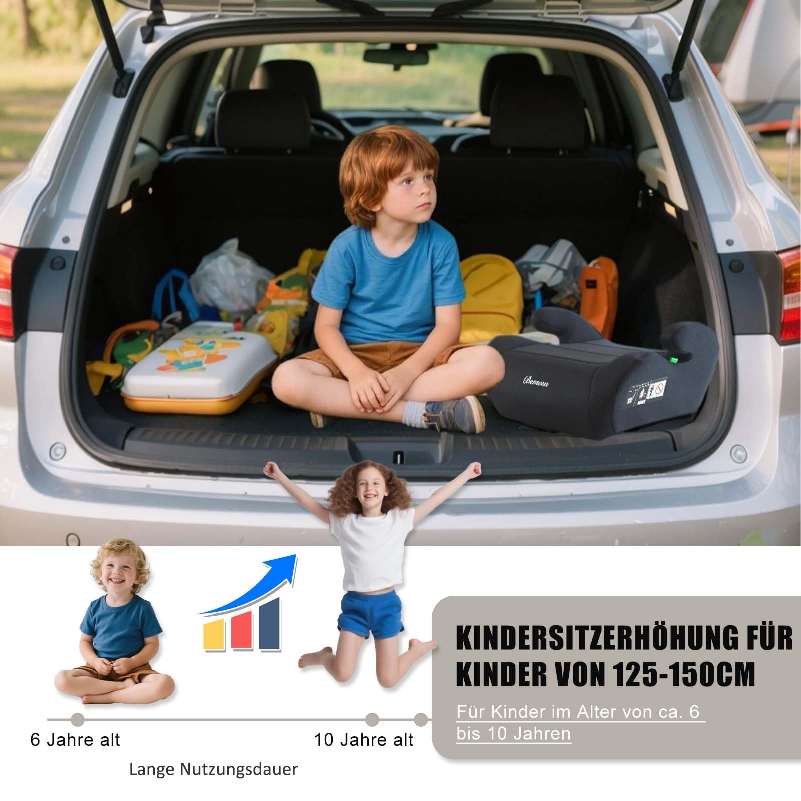 Bemesu Kindersitzerhöhung, Sitzerhöhung Auto Kinder 125-150cm, Kinderautositze Nach Neuer i-Size Norm R129, Kindersitz ohne ISOFIX, Autositz für Kinder 6-10 Jahre (Schwarz)