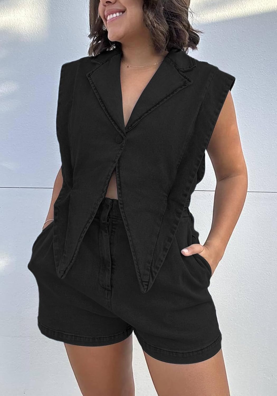 Ecirod Women's Denim Jumpsuit Romper Sexy V Neck Button Link Hollowed Sleeveless Jean Shorts