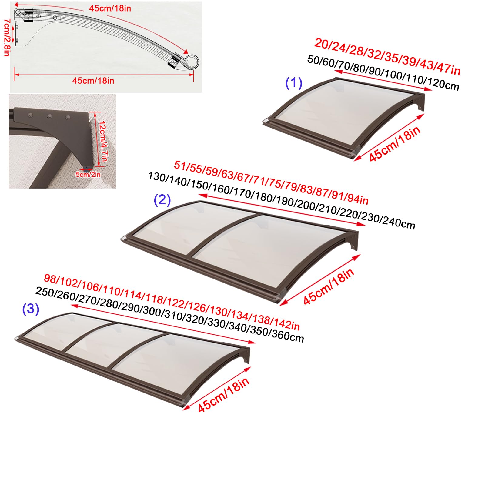 Pensilina Tettoia per Porta Balcone Esterno,Tenda da Veranda Pensilina in Policarbonato e Alluminio, Tendalino per Finestra Antivento Resistente ai Raggi Uv,con Accessori (45x150cm/18"x59")