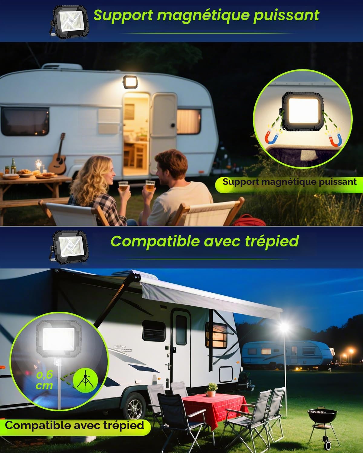 CLV Projecteur LED Rechargeable 200W, 20000mAh Projecteur LED Chantier Portable Solaire & Batterie Rechargeable 4 Modes 2 Luminosité Projecteur Magnetique Lampe de Travail IP66 étanche pour Camping