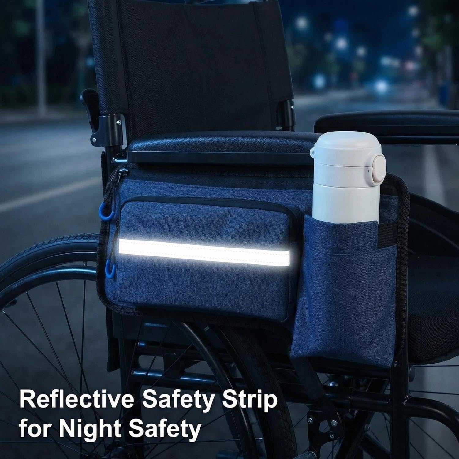 Wheelchair Side Bag with Cup Holder & Reflective Strips, Blue | Water-Resistant Wheelchair Armrest Pouch for Walker, Electric Wheelchair - Multi-Pocket Organizer Bag for Seniors