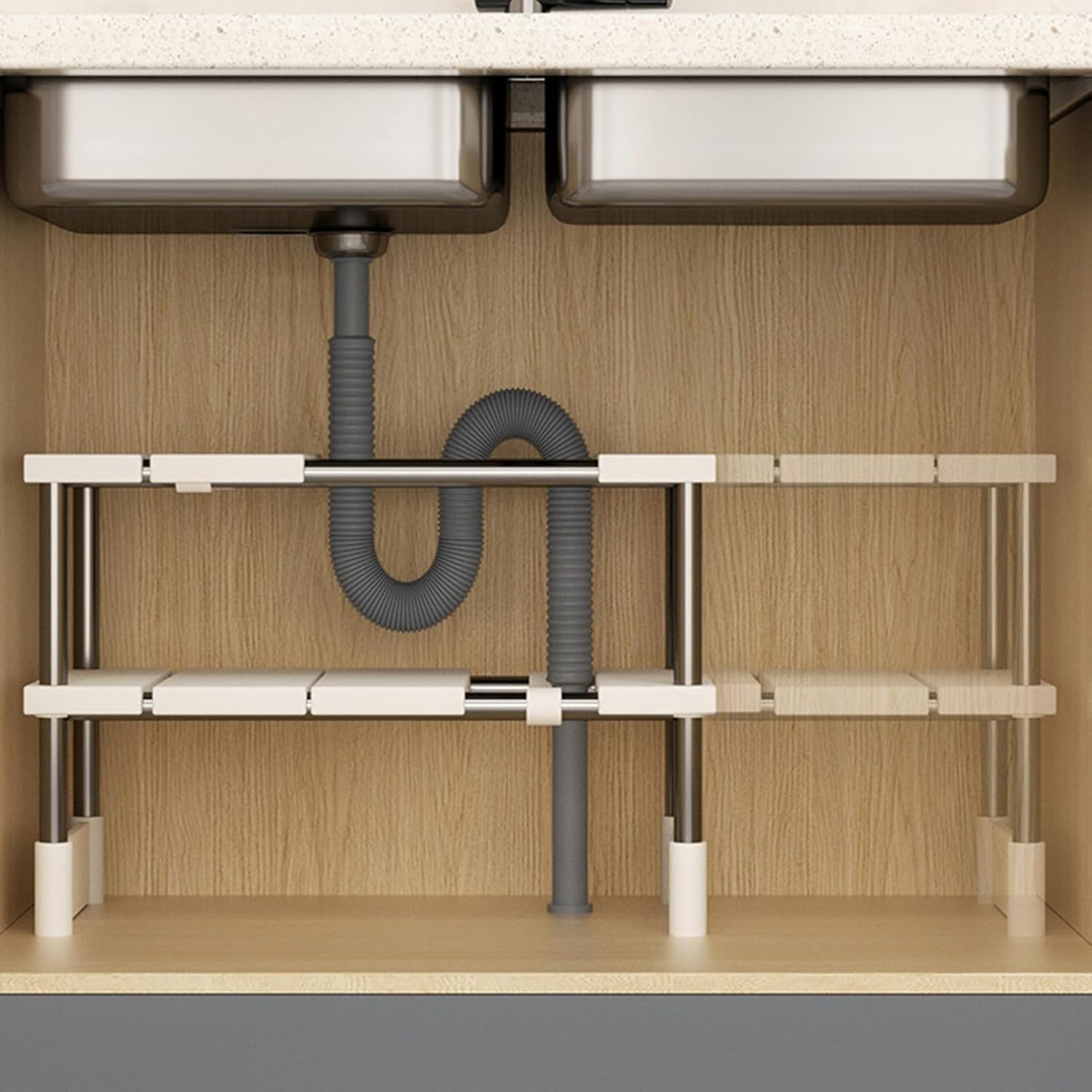 Expandable Under Sink Organizer - 2 Tier Heavy Duty Metal Shelf, Bathroom & Kitchen Storage Rack, Dual Layer Space Saver for Cabinets