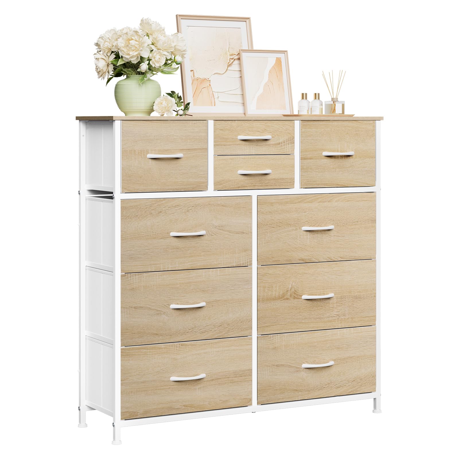 WOLTU Cajonera de Tela, Cómoda Dormitorio de Tela, Unidad de Almacenaje con 10 Cajones, para Recibidor y Salon, Estructura de Metal Resistente, Roble Claro+Blanco, SSK009whe