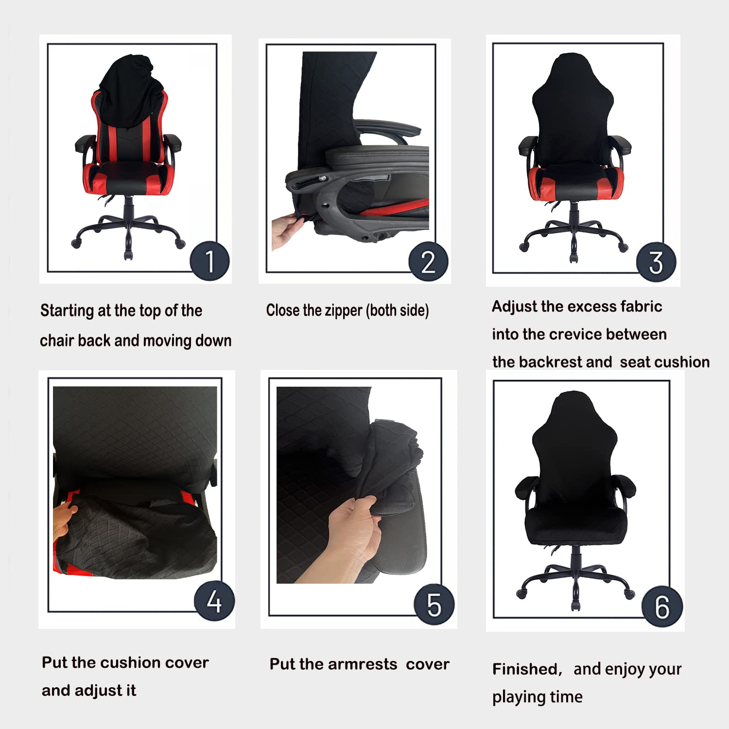 Sin silla, solo fundas para sillas de juegos, fundas elásticas de poliéster para silla reclinable de juegos de carreras (negro) 7