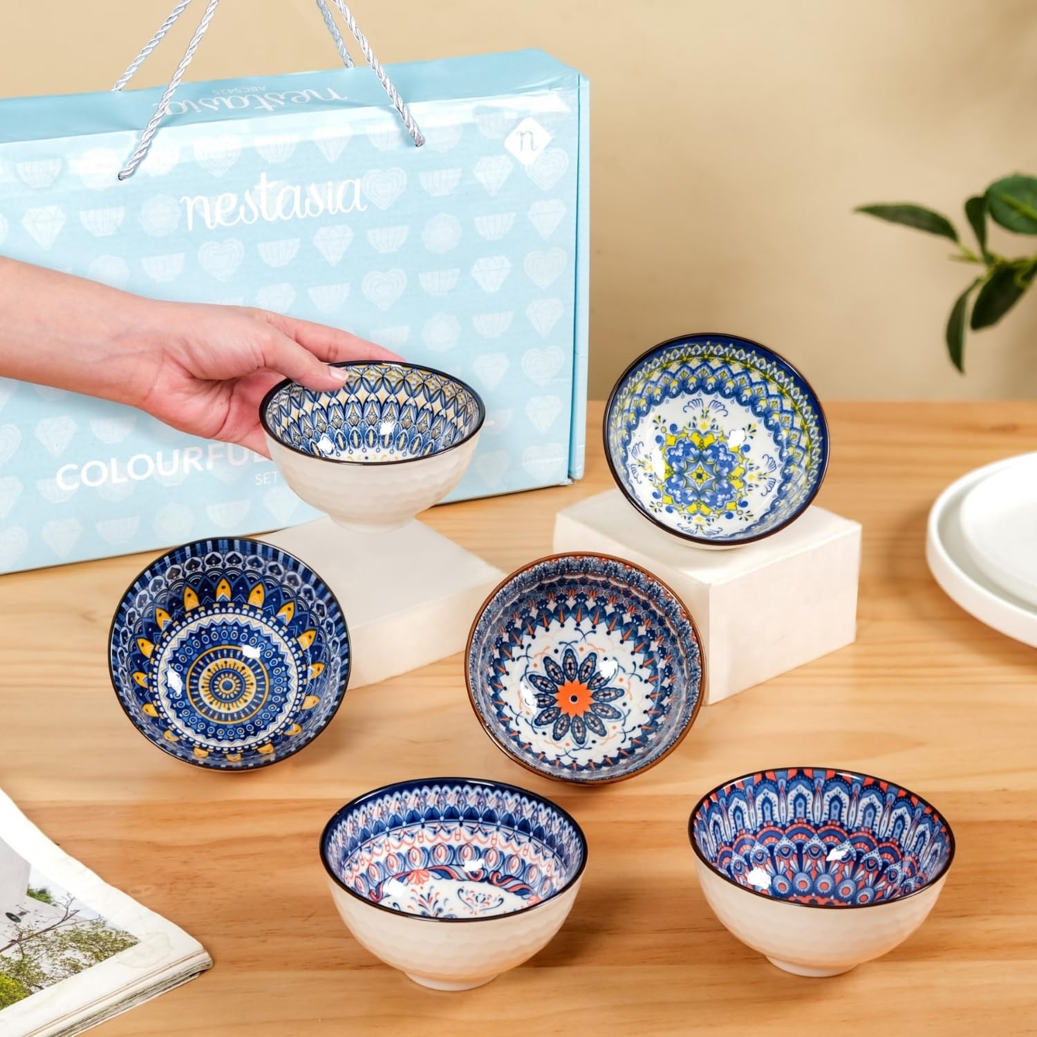 Nestasia Ceramic Mandala Snack Bowls Set of 6 (300 ml Each) - Multicolour Microwave Safe Side Bowls for Serving Noodles, Ramen, Soups or Curries - Ideal for Gifting