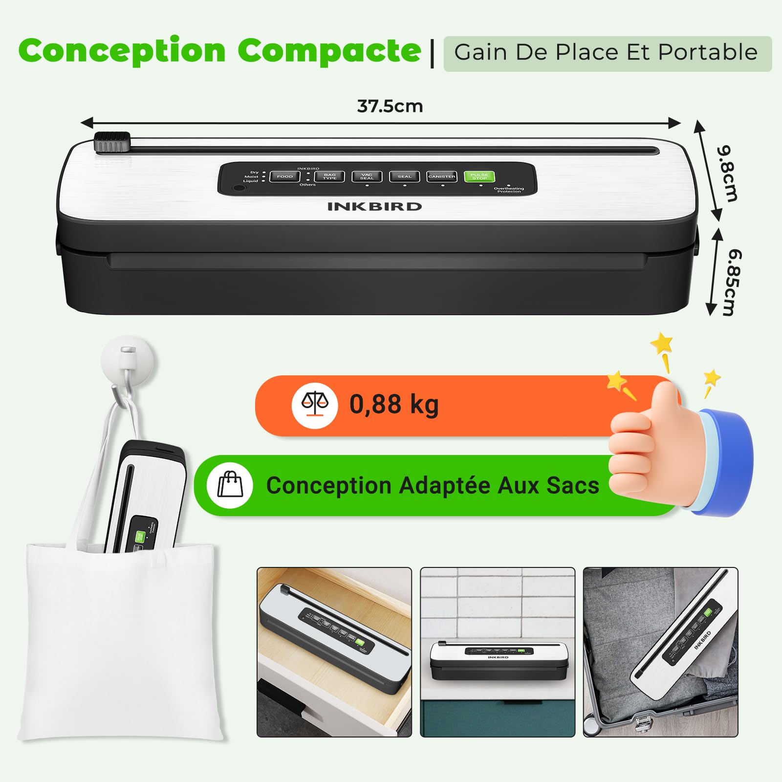 INKBIRD Machine Sous Vide Alimentaire, Appareil de Mise Sous Vide Automatique avec Coupeur Intégré | 6 Modes pour Sec/Humide/Liquide, 130W Puissance Élevée- Joint Rapide, Indicateur LED, Orange