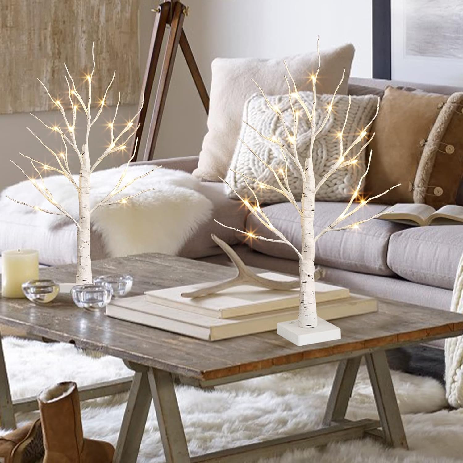 EAMBRITE Lighted Birch Tree for Home Decor, Set of 2 Money Tree Indoor, Battery Operated Tabletop Artificial Tree with Lights for Centerpiece Mantel Fathers Day Christmas Decorations (2FT/Warm White)
