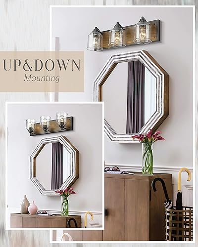 Miniatura 4 de Luces de tocador para baño grandes de 23 pulgadas, luz rústica de tocador con pantallas de vidrio de burbujas, 3 luces marrones, accesorios de