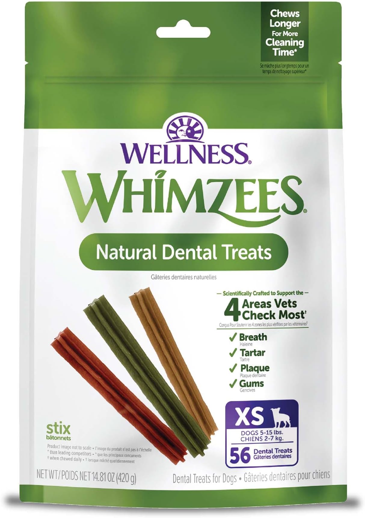 Wellness WHIMZEES Stix Dog Dental Treat, Chews, Freshens Breath, Extra-Small Size, 14.81 oz Bag, 56 Count