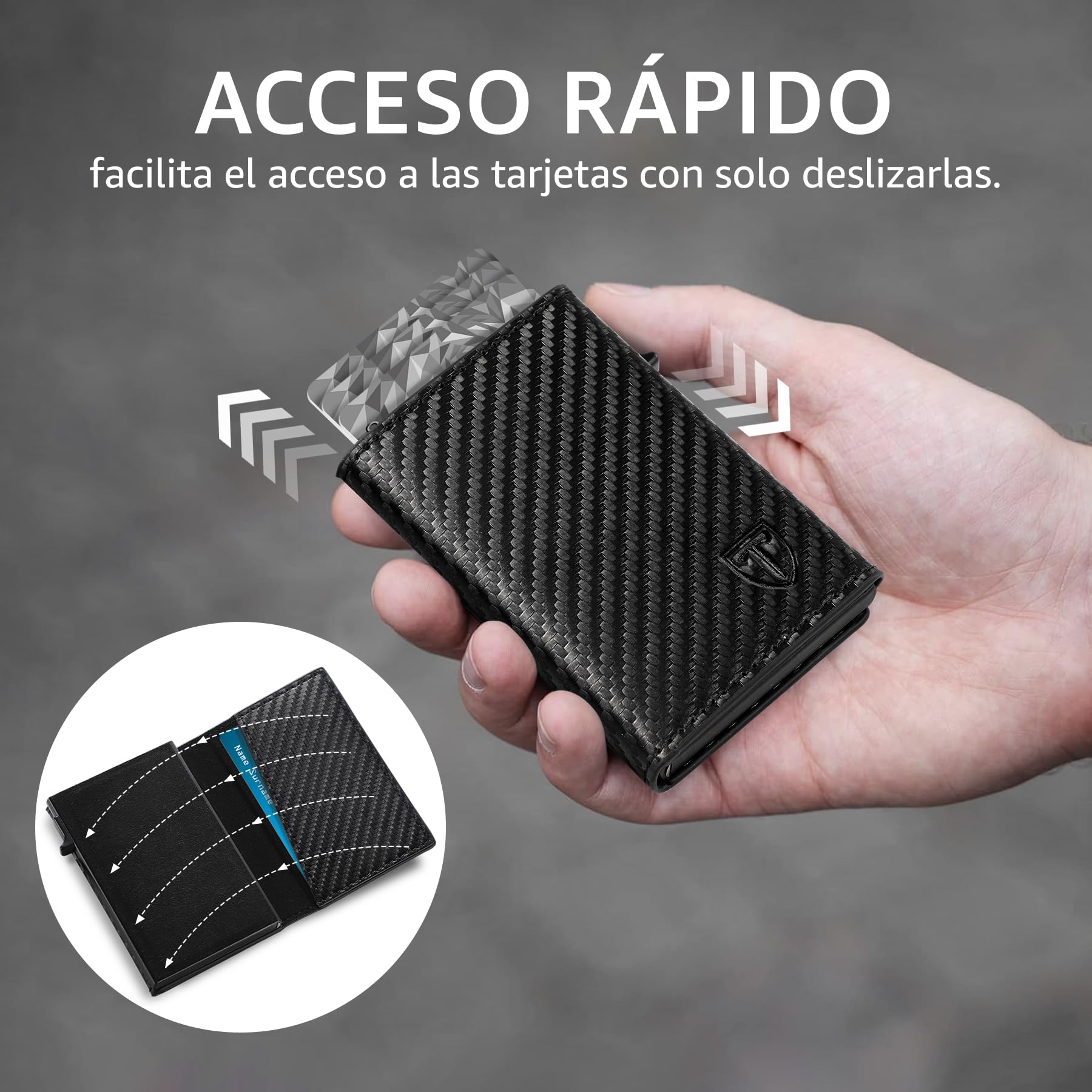 TENBST Tarjetero de Fibra de Carbono con Botones - Cartera Hombre Elegante y Funcional - Regalos Originales para el Día del Padre/Negro, HW00719