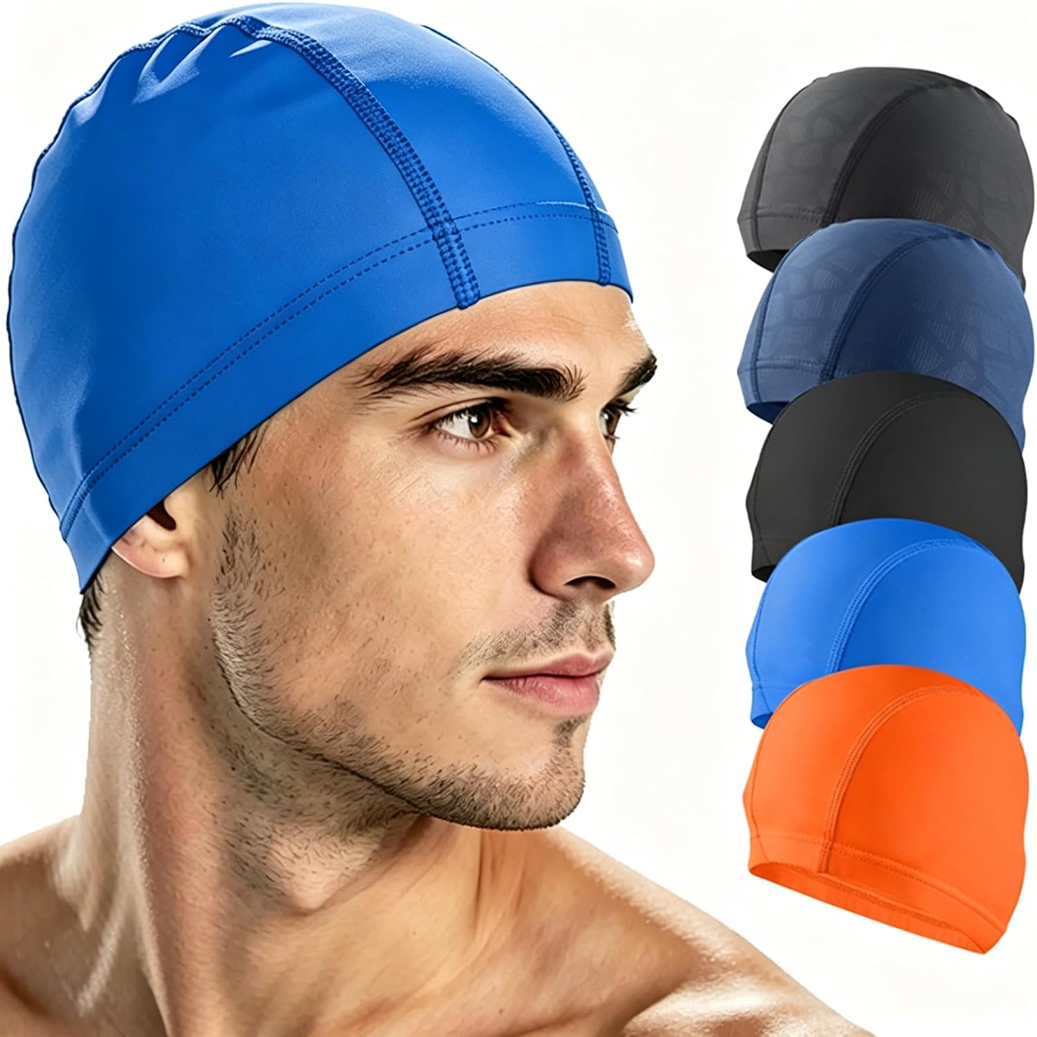 Touca de natação para homens mulheres adultos, touca de natação de tecido de alta elasticidade, touca de natação de lycra não impermeável azul lago