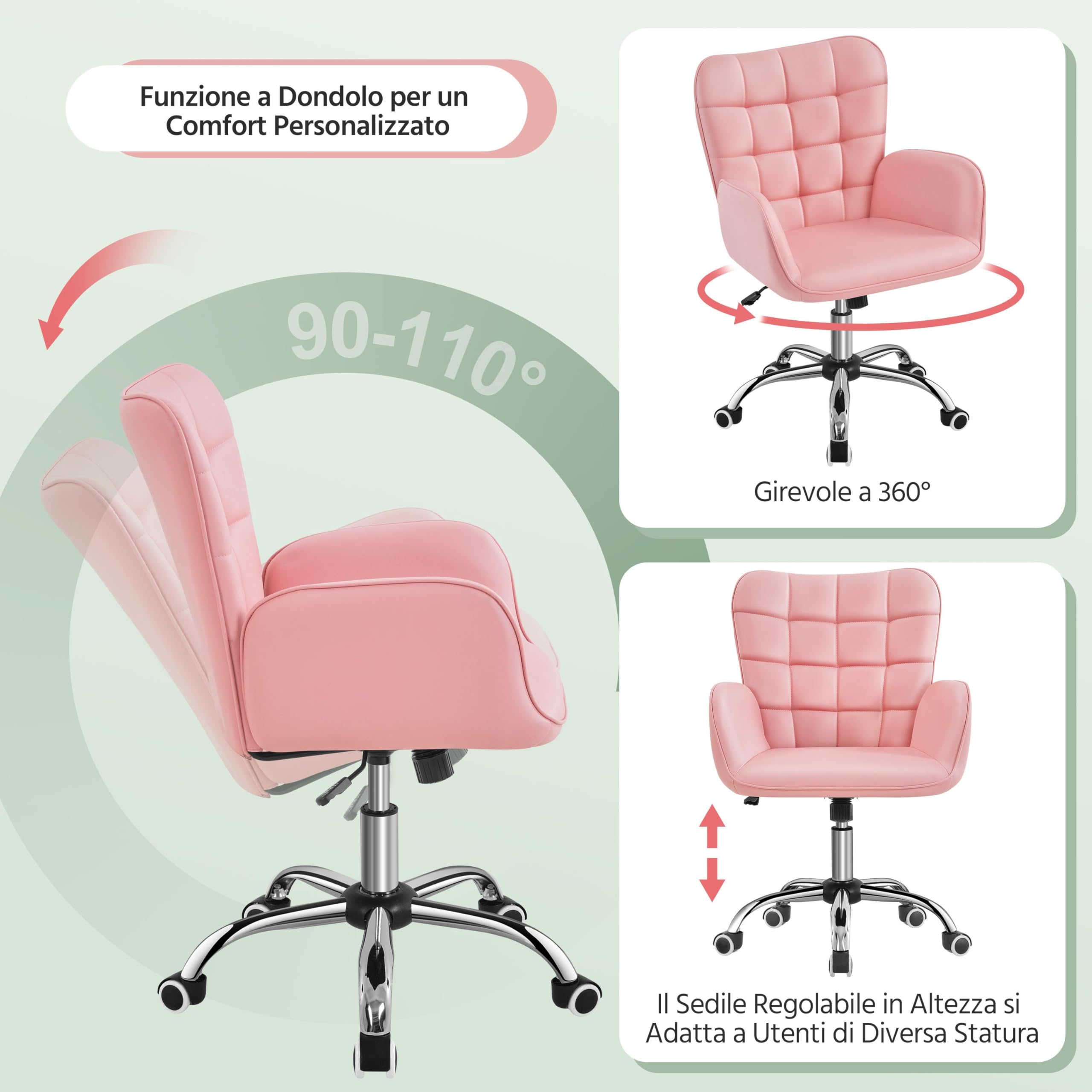 Yaheetech Sedia/Poltroncina da Ufficio Scrivania a Rotelle Girevole Imbottita in Similpelle Reclinabile Ergonomica Altezza Regolabile Rosa