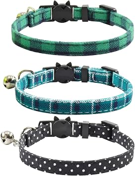 Breakaway cat Collars with Bell, Set of 3, Durable & Safe Cute Kitten Collars Safety Adjustable Kitty Collar for Cat Puppy 7.5-11in (Green,Cyan,Black)