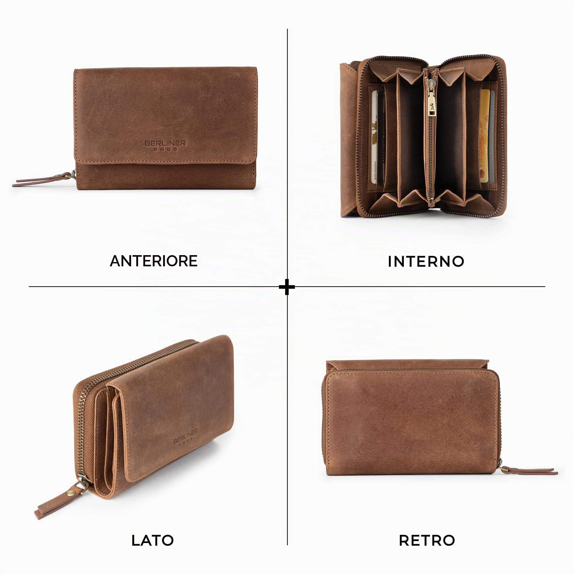 Berliner Bags Portafoglio Donna Vienna in Vera Pelle, Grande con Zip e Portamonete, Protezione RFID, 19 Carte – Marrone