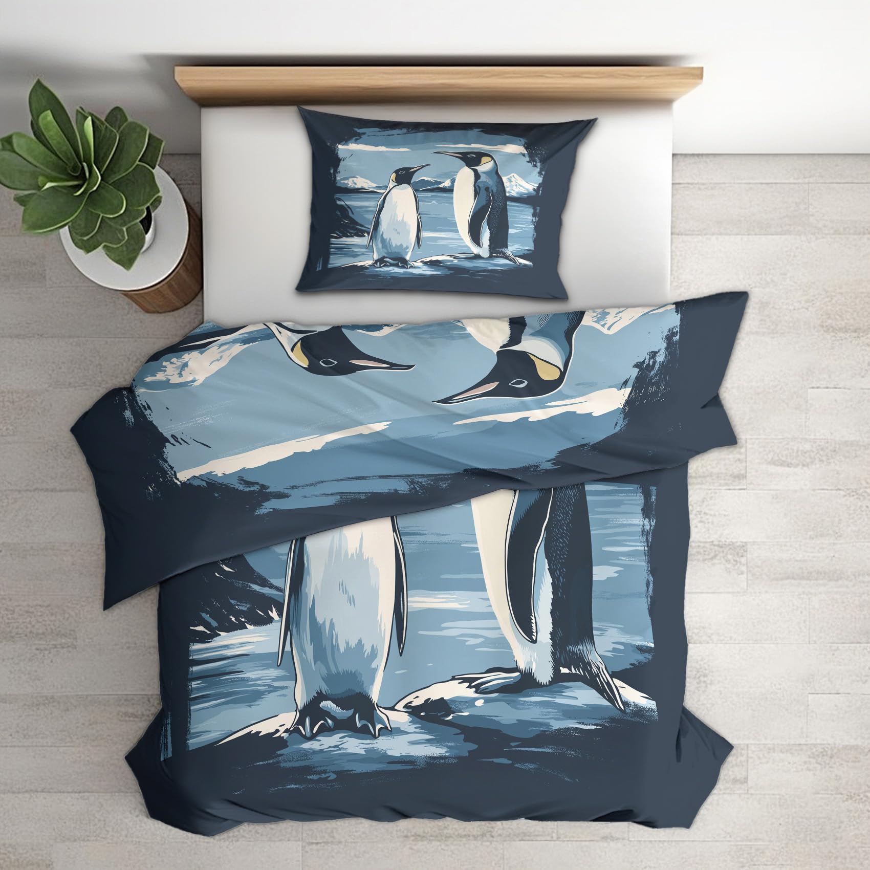 Housse de couette pingouin 140x200 cm avec taie d'oreiller pour lit 1 personne