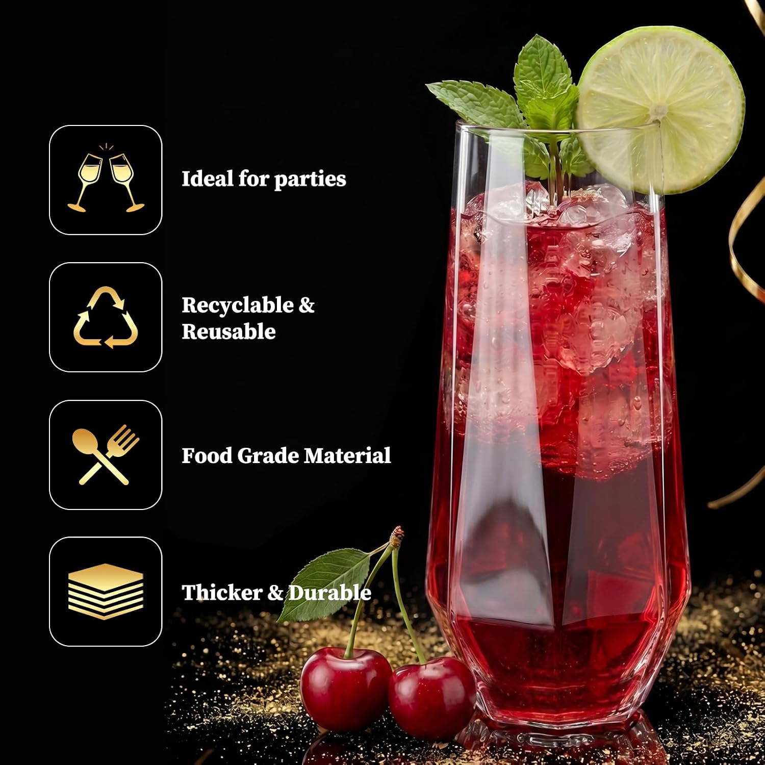 GuanQiao 24 Pack Stemless Plastic Champagne Flutes, 9oz Diamond Disposable Champagne Glasses, Heavy Duty Shatterproof Mimosa Glasses for Wine Tasting, Wedding, Bridal Shower, Party Supplies, Birthday