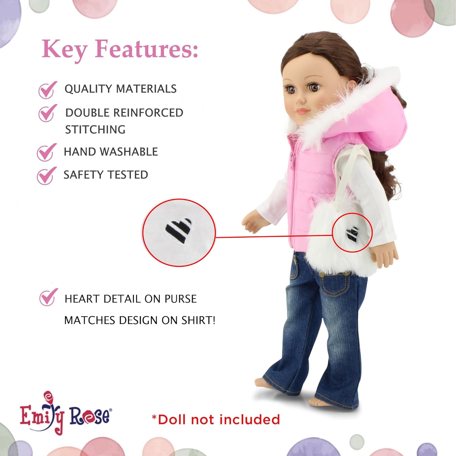 Emily Rose 18 Inch Doll 4-PC Pink Hooded Puffer Vest Outfit Gift Boxed | USA Brand Outdoor Clothes Set for 18" Dolls | Jacket Purse Long Sleeve Tee & Jeans | Fits American Girl & Our Generation Dolls