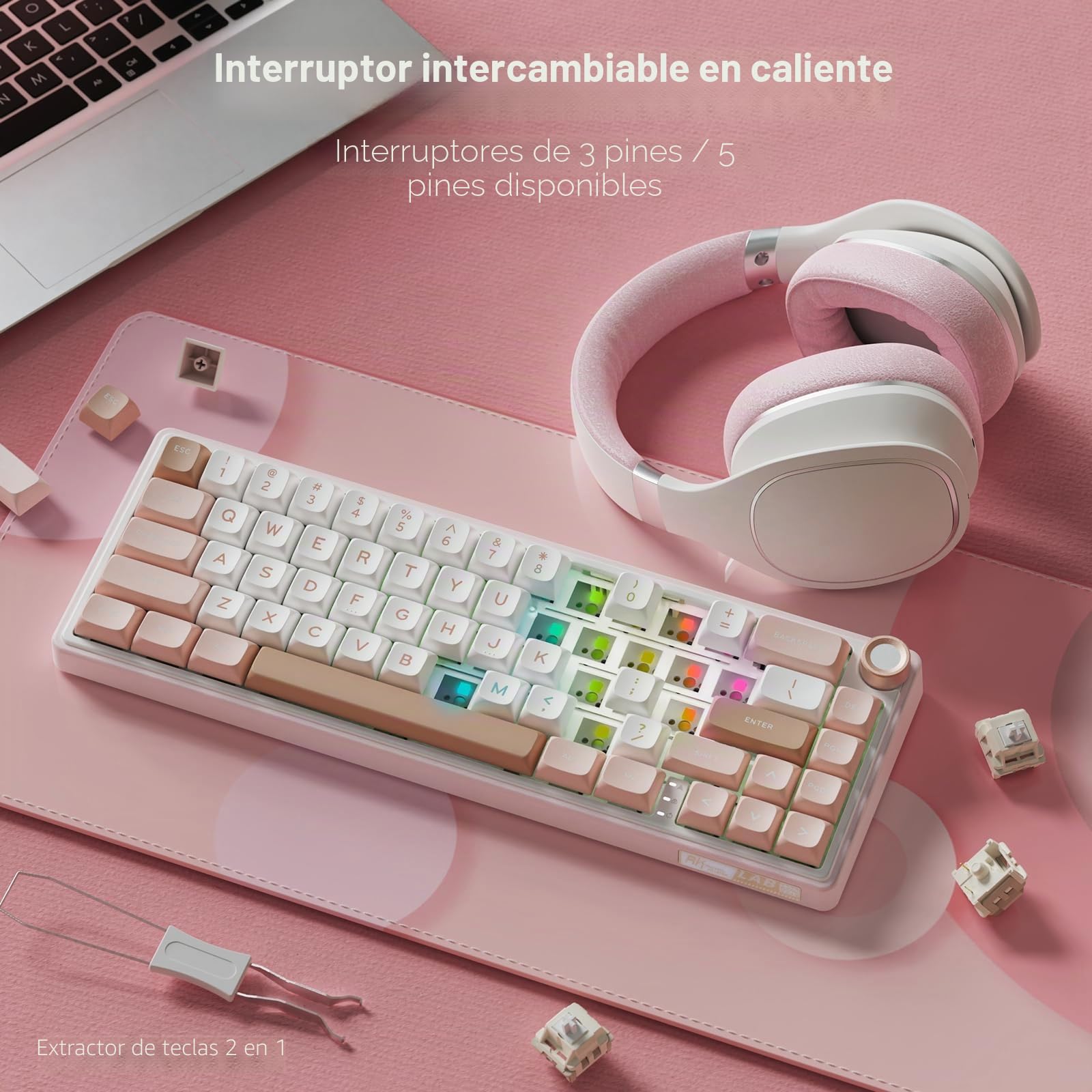 RK ROYAL KLUDGE Teclado mecánico con cable R65 con perilla de volumen, 60% RGB retroiluminado para juegos con teclas PBT, perfil MDA, QMK/VIA, interruptor crema intercambiable en caliente de 66 teclas