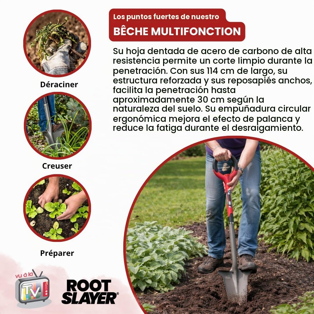 Venteo Pala de jardín Root Slayer Mango de Hoja Trapezoidal y Dientes Ultra Afilados de Acero carbono-114 cm, Rojo y Negro