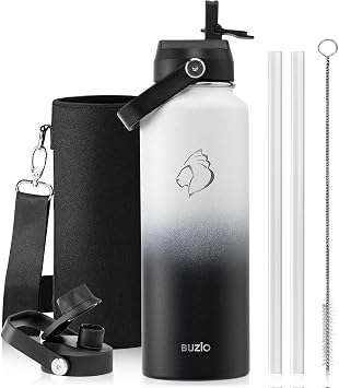 BUZIO Insulated Water Bottle 1.2L Stainless Steel with Straw & Spout Lid