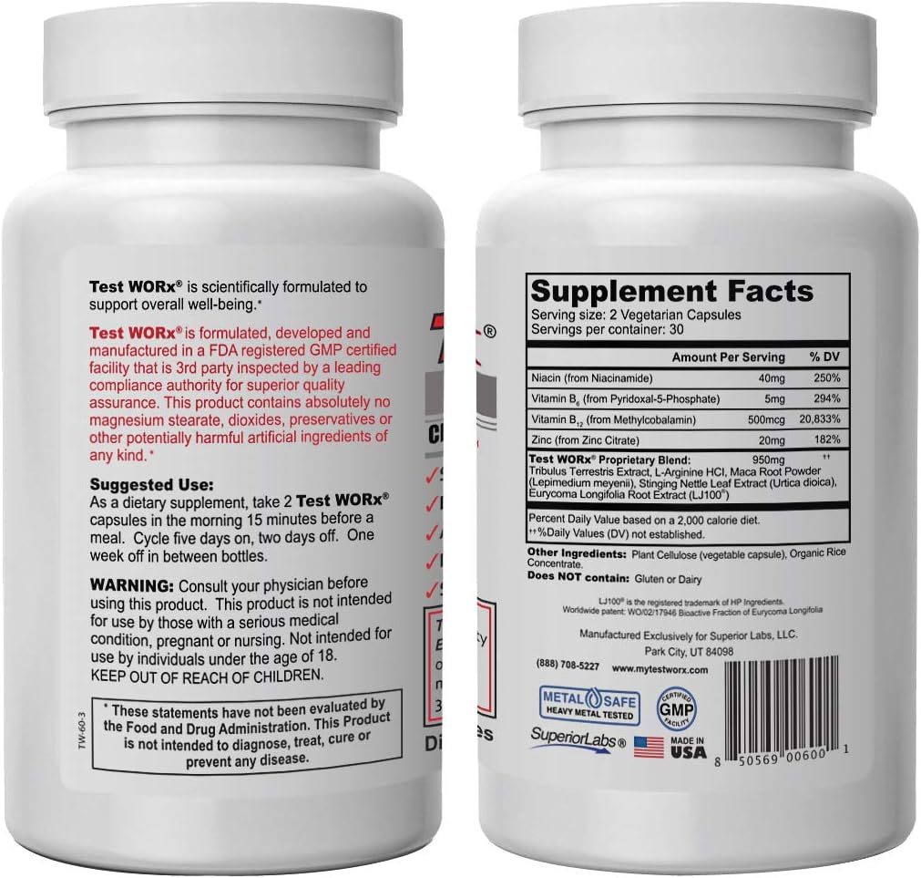 Superior Labs TEST WORx Natural Testosterone Booster With Clinically Proven LJ100 and 8 Other Powerful Ingredients Delivers A Noticeable Increase In Energy, Stamina, Recovery and Better Sleep and Mood : Health & Household