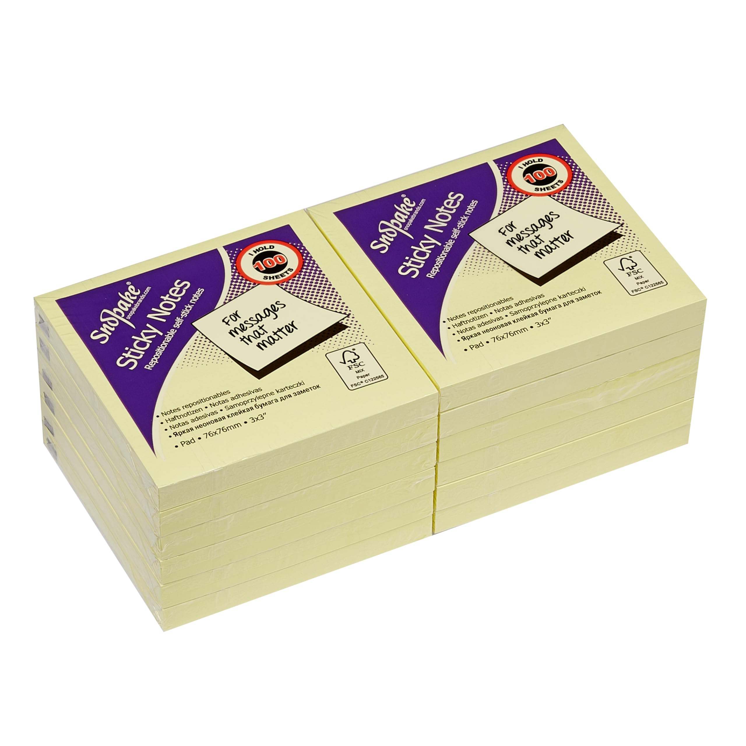 Snopake 76 X 76 Mm Yellow Sticky Notes [Pack of 12, 100 Sheets Per Pad] 12128