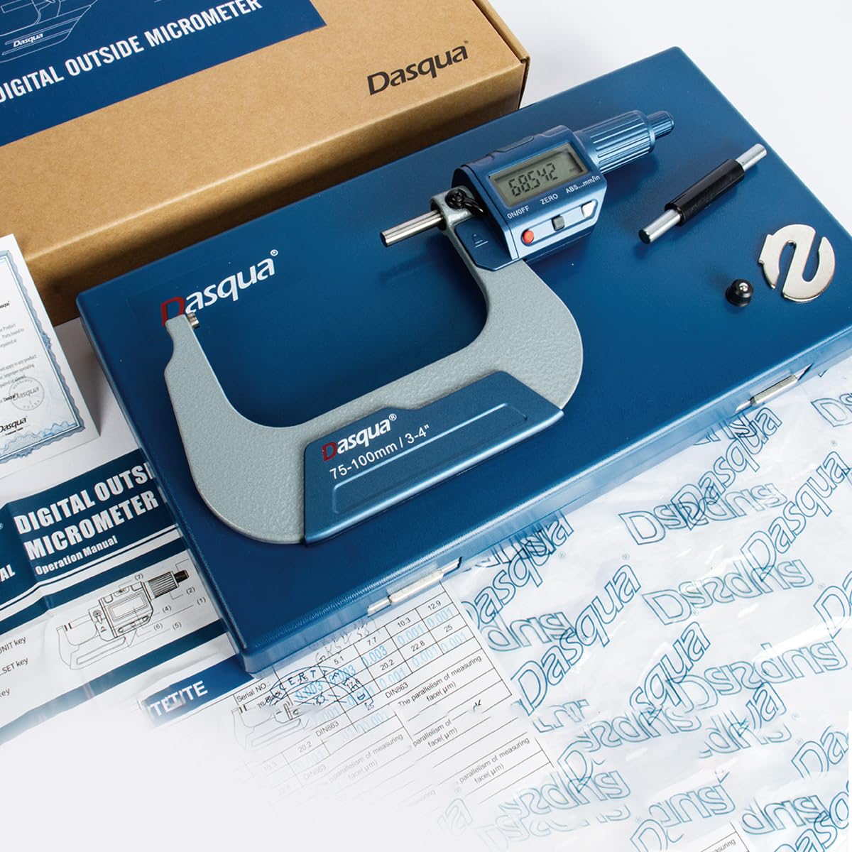 Dasqua 4230-2020 75-100mm/3-4" Digital Outside Micrometer, Accuracy 0.00016"/0.004mm, Resolution .0005"/0.001mm