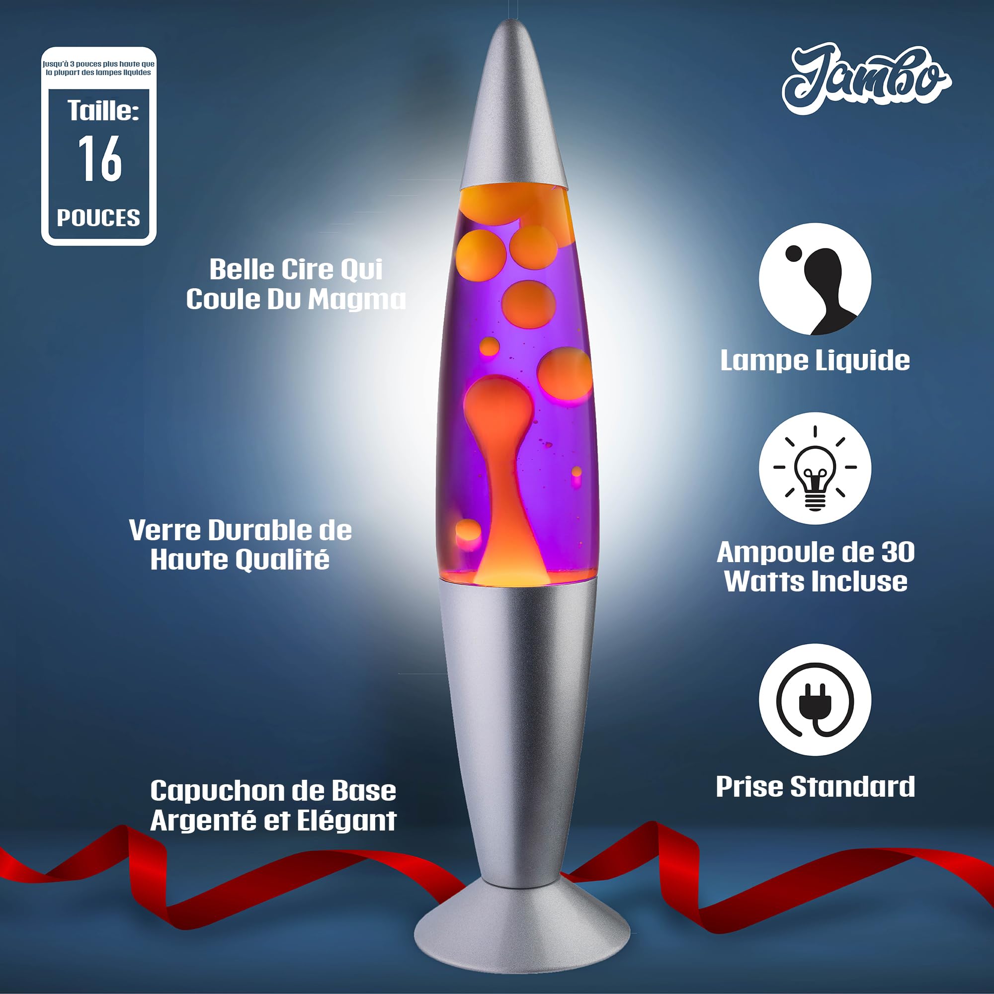 Jambo Lampe à mouvement liquide 16" – Pourpre avec cire jaune/orange – Lampe décorative relaxante pour salon, bureau, chambre