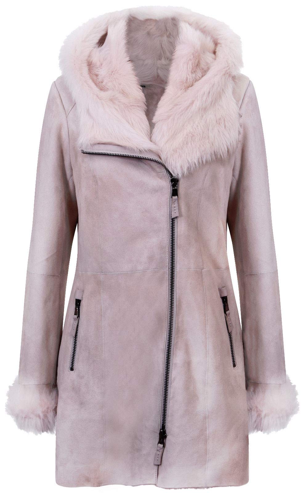 Infnity Leather Women's Off-White Frost Grey Hooded Suede Merino Shearling Sheepskin Jacket M