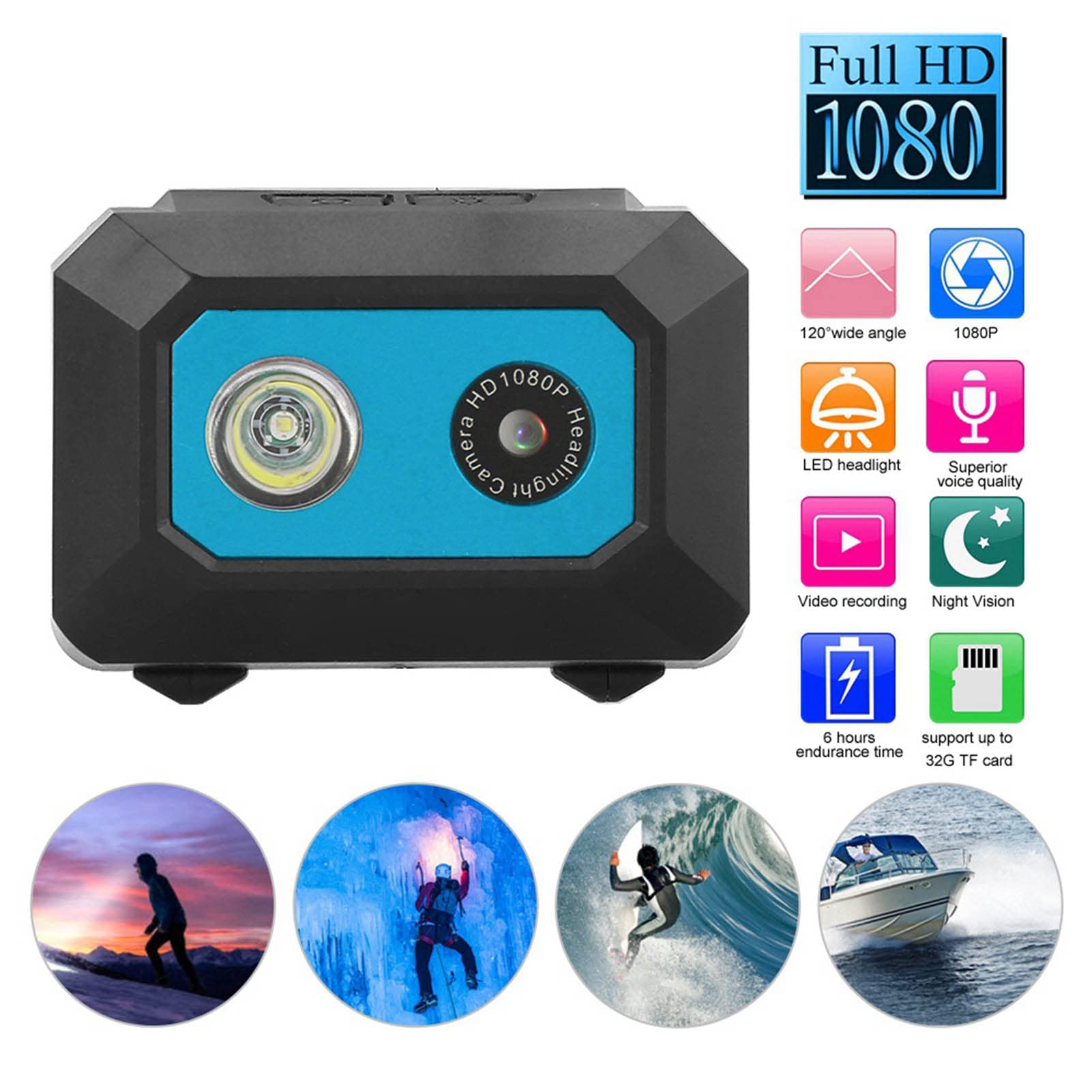 Telecamera Sportiva DV Super HD 1080P, Videocamera D'azione Montata Sulla Testa con Registratore DVR per Uso Fotografico All'aperto, in Casa e in Viaggio (Nero Blu)