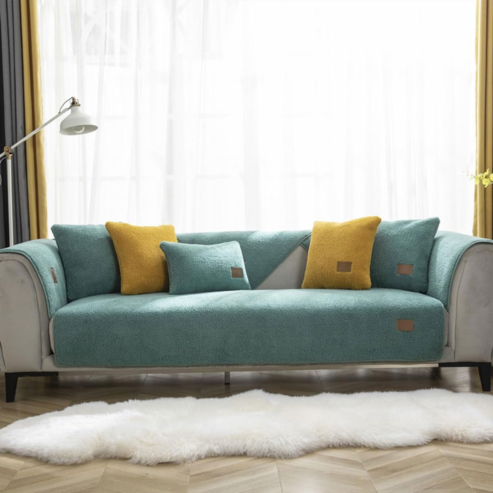 Hsivtns Plush Sofa Cover 1 2 3 Seater, Soft Warm Sofa Slipcover Non-Slip Couch Covers 3 Seater Washable Sofa Protector for Kids/Pets Couch Cover,Green,90x70cm