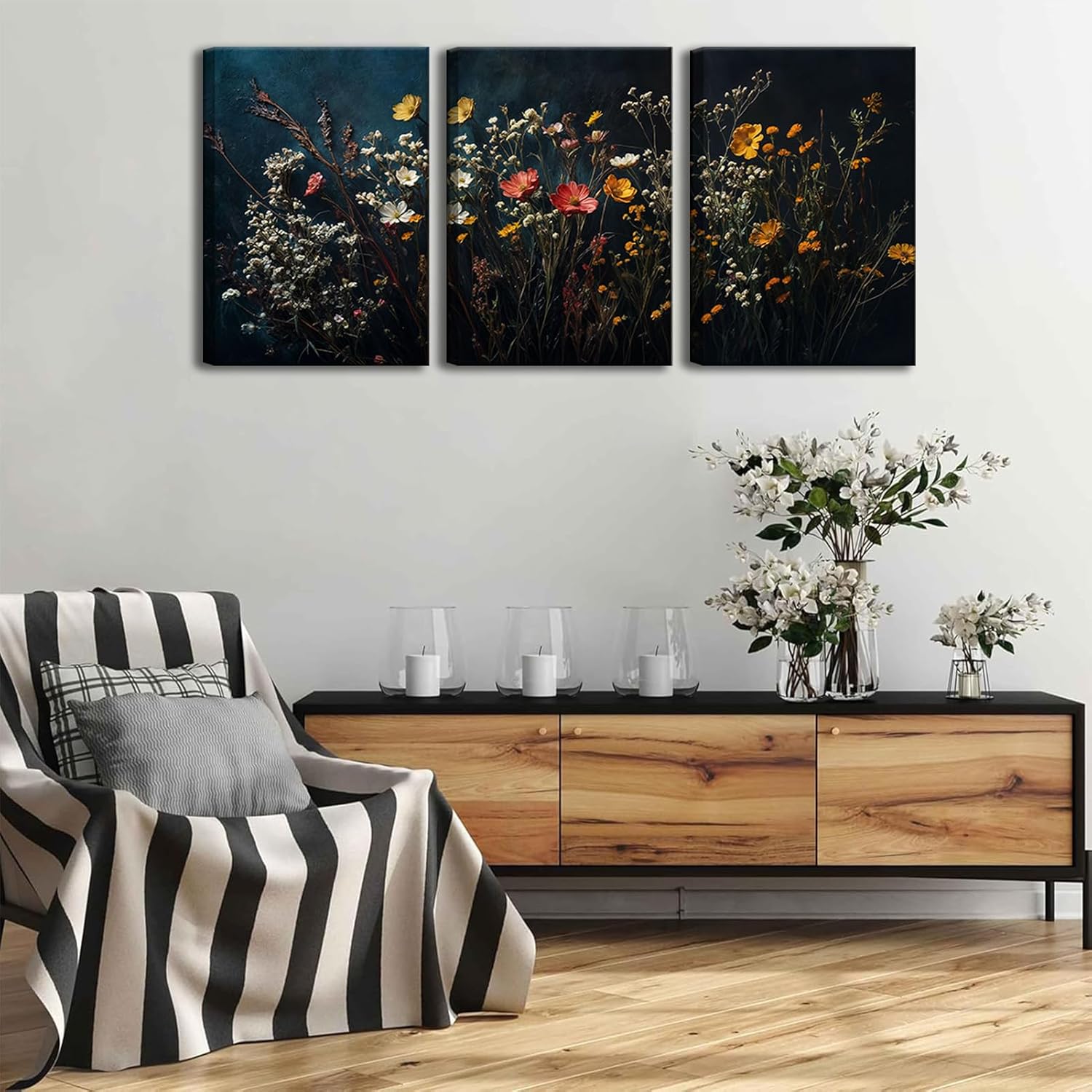 3Pcs Dark Dried Wildflowers Canvas Wall Art Moody Floral Wall decor prints Vintage Black Botanical painting pictures Aesthetic Flower Artwork for Living Room Bathroom Bedroom Decoration,12x16in