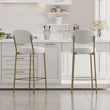 extrasleep Gold Bar Stools Set of 2, 29" Velvet Upholstered Counter Height Stools with Backrest & Footrest, Modern White Tall Bar Stools for Kitchen Island, Dining Room, Home Bar, Creamy White