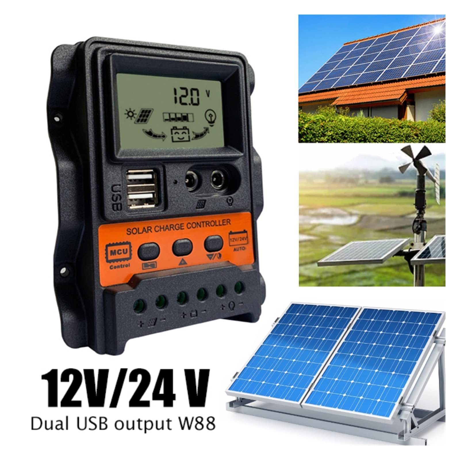 Regulator ładowania słonecznego 12V 24V 10A 20A 30A Regulator słoneczny Regulator baterii panelu słonecznego Regulator podwójny wyświetlacz LCD USB(20A)