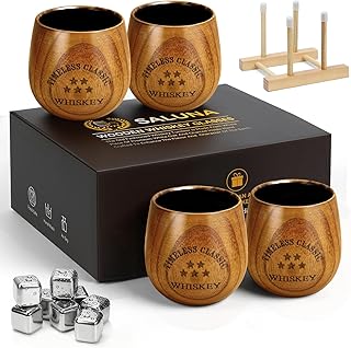 SALUNA Bourbon Glasses Set of 4 - Charred Wooden Bourbon Drinking Glass 4 Pack 10 Oz, Whiskey Glasses Set 4 with Drain Rack and Metal Ice Cubes, Bourbon Gifts for Men, Dad on Birthday Anniversary