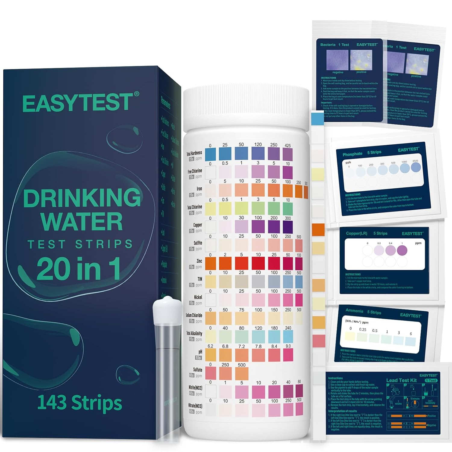 Product image of EASYTEST 20 in 1 Drinking Water Test Kit - Well Water Testing Kit - Water Test Strip for House Water for pH, Hardness, Chlorine, Lead, Iron, Bacteria & More