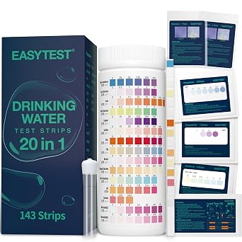 EASYTEST 20 في 1 طقم اختبار مياه الشرب - طقم اختبار مياه الآبار - شريط اختبار المياه لمياه المنزل من أجل الأس الهيدروجيني والصلابة والكلور والرصاص والحديد والبكتيريا والمزيد