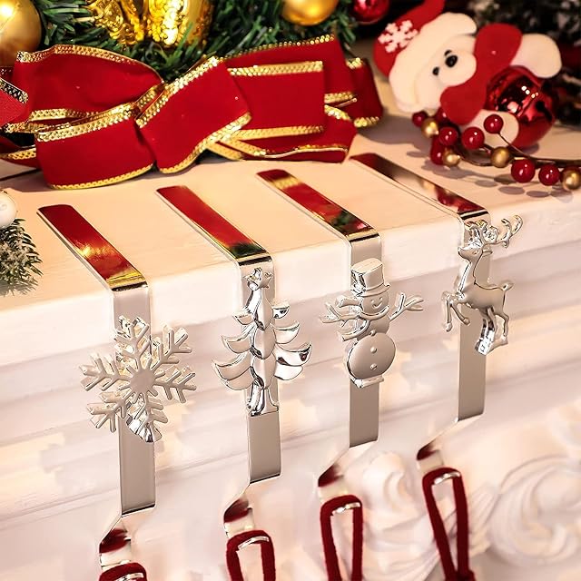 Auniq Christmas Stocking Holders, 4Pcs Metal Stocking Hooks Set Elk Snowman Mantel Hooks Hanger Non-Slip Safety Stocking Hangers for Christmas Table Fireplace Hanging Holiday Party Decoration
